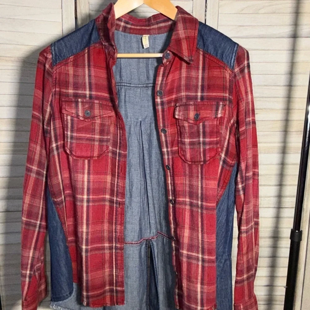 Free People Road Trip Getaway Flannel and Denim Button Down Shirt - Picture 2 of 6